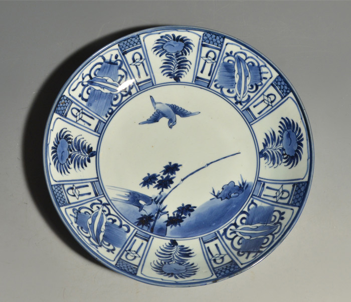 古伊万里(藍九谷様式)染付大皿 鳥に竹文 窓絵宝珠図 江戸時代中期 | 古