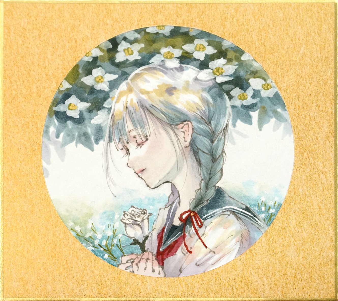 無料】ミニ色紙イラスト「白い花たちと三つ編みの女の子」(2025/04/24