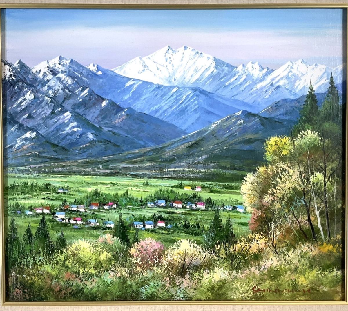 水口新一 「穂高大正池」 油彩画（F6号） 額付き 風景画 原画 水口新一