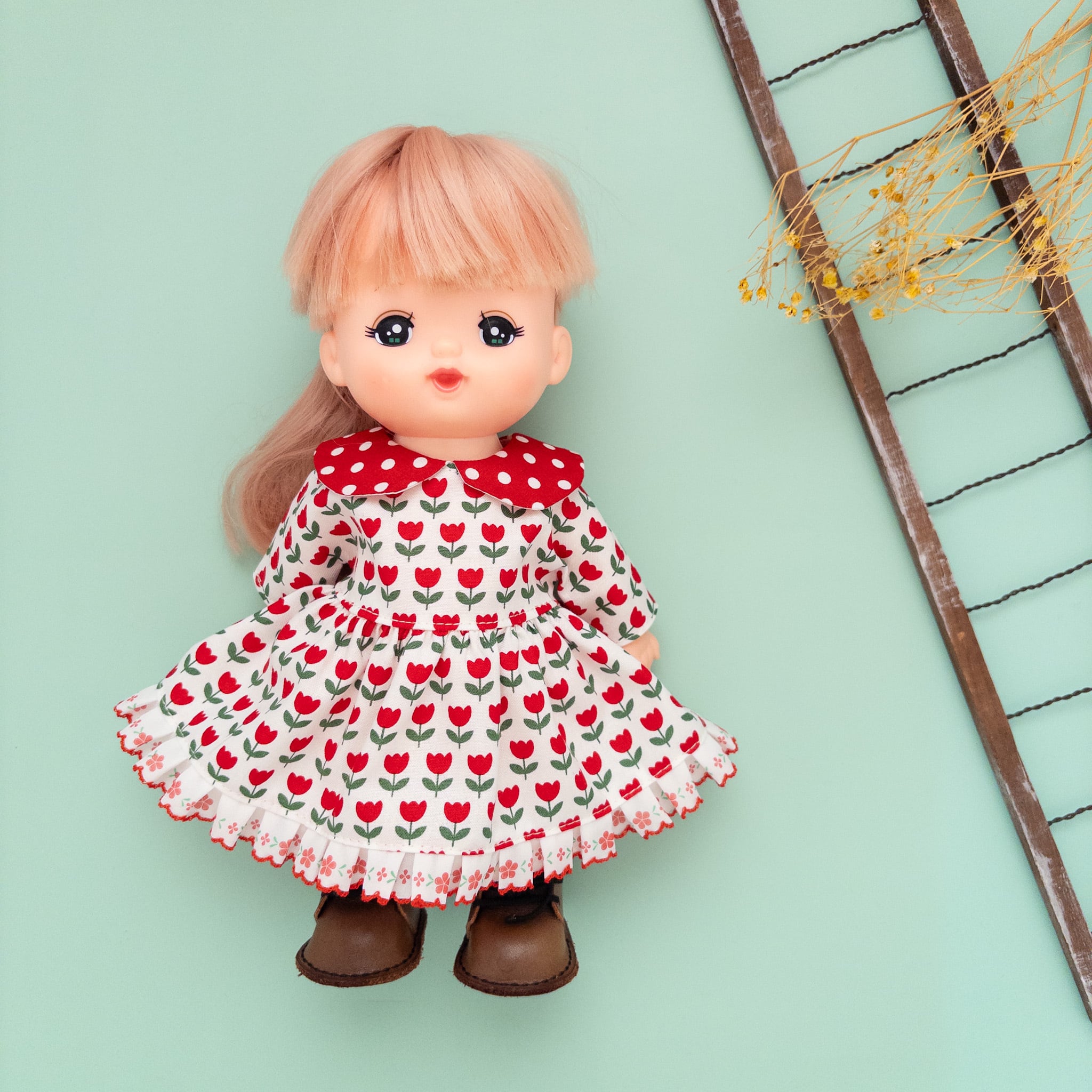 2段フリルワンピース（マカロンピンク水玉）メルちゃんソランちゃん