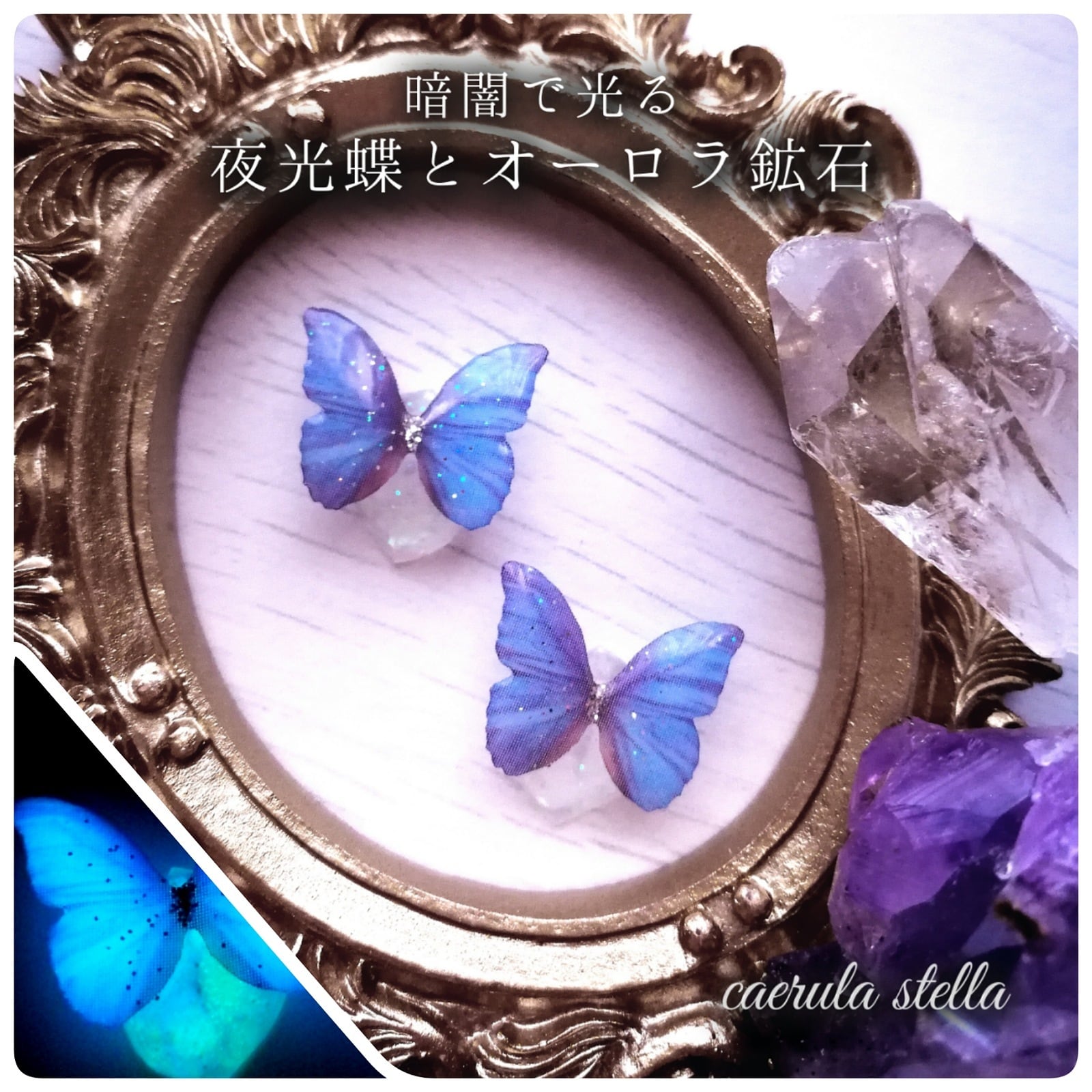 夜光蝶とオーロラ鉱石 No.3 ピアスorイヤリング】k14gf レジン