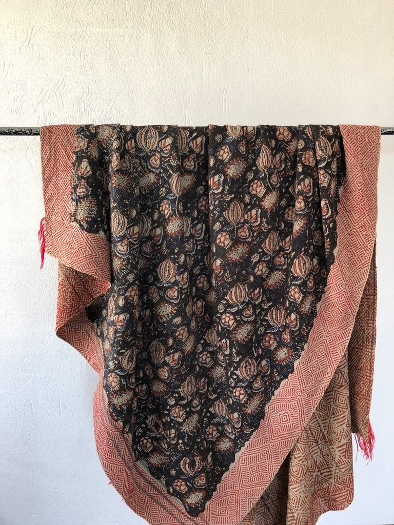 vintage block print kantha quilt navy flower 泥染ブロックプリント