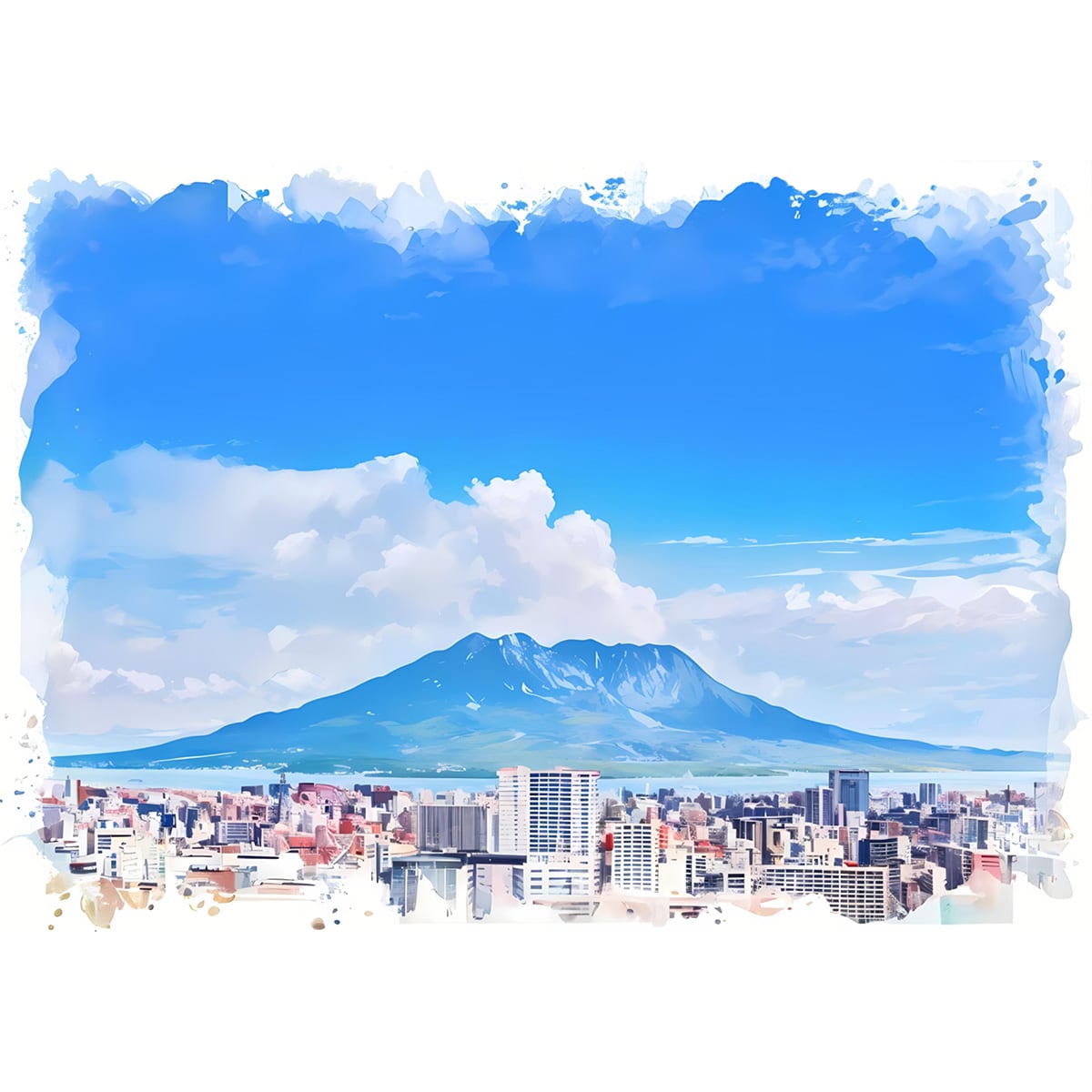 絵画(風景画) 日本 鹿児島県 桜島 インテリアアート額付き 水彩画