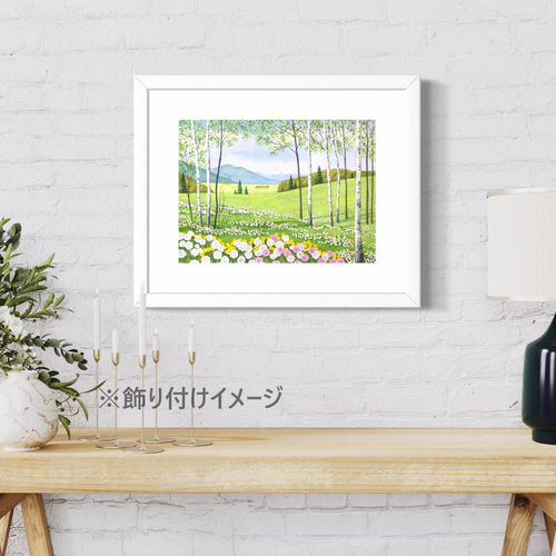 シロツメクサの咲くフィールド」透明水彩画 原画 風景画 額縁付 F4