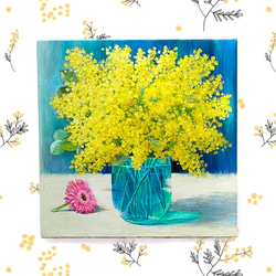 一点物】『 ミモザと青い花瓶 』油絵 S6号 油彩 インテリアアート