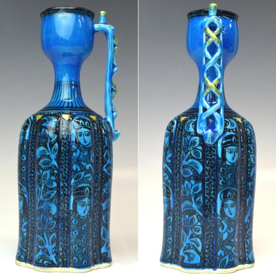 趣楽】 希少 人間国宝 【加藤卓男】作 『青釉胡姫文手付花入』 高さ