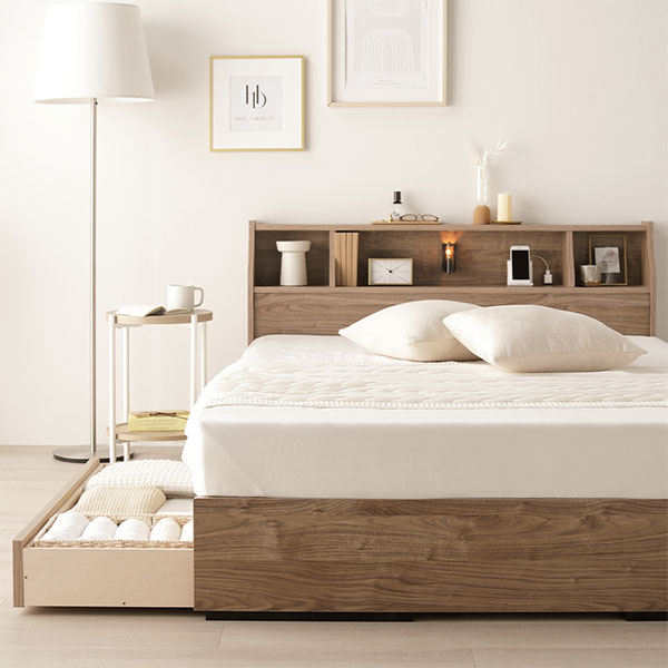 ベッド ダブル ベッドフレームのみ アッシュブラウン 収納付 照明付 棚