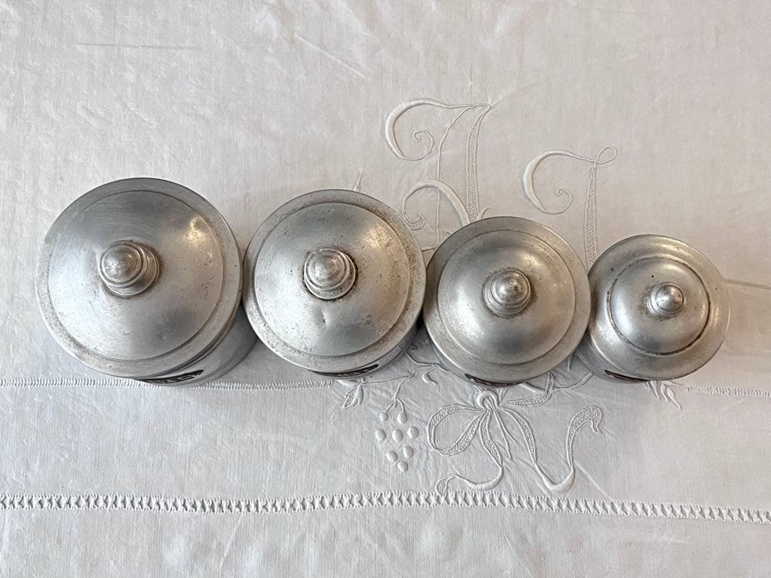 美品】フランスアンティーク アルミキャニスター 4点セット[3869