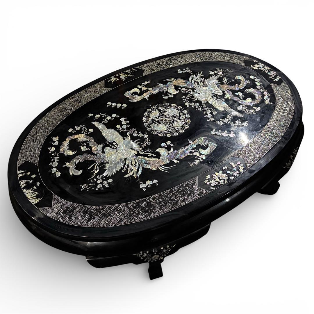 螺鈿細工 座卓 鳥文様 夜光貝 伝統工芸 ローテーブル ※天板ガラス欠品※ k616r107 韓国伝統工芸 螺鈿細工 貝殻細工 鳳凰 座卓 センターテーブル