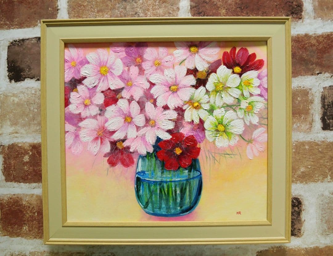 油絵 絵画 【秋桜】 秋桜のアクリル画 秋の日に＝コスモス-アクリル絵の具の風景画