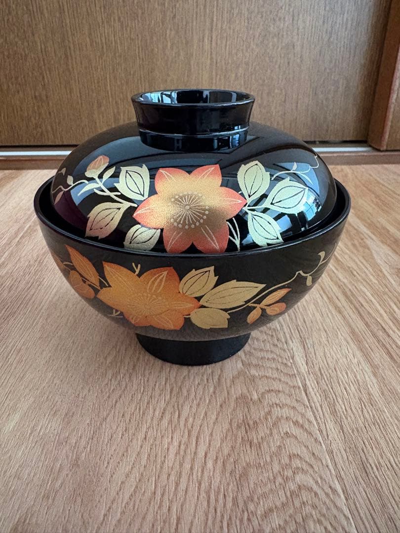 特選漆器　会津塗　汁椀 蒔絵 花柄 黒 金 朱 和食器　5客セット 会津漆器 茶托 花柄 純金金箔加工 伝統手描蒔絵 黒 金 花柄 和食器 5枚