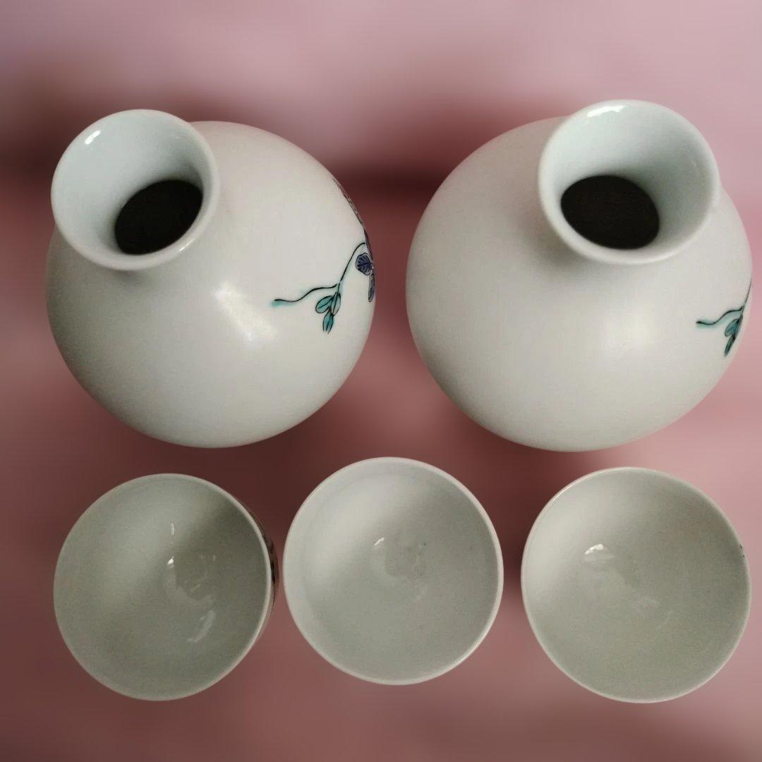 有田焼 岩尾對山窯 色絵 万葉花紋 酒器セット 1合徳利2本 お猪口3個