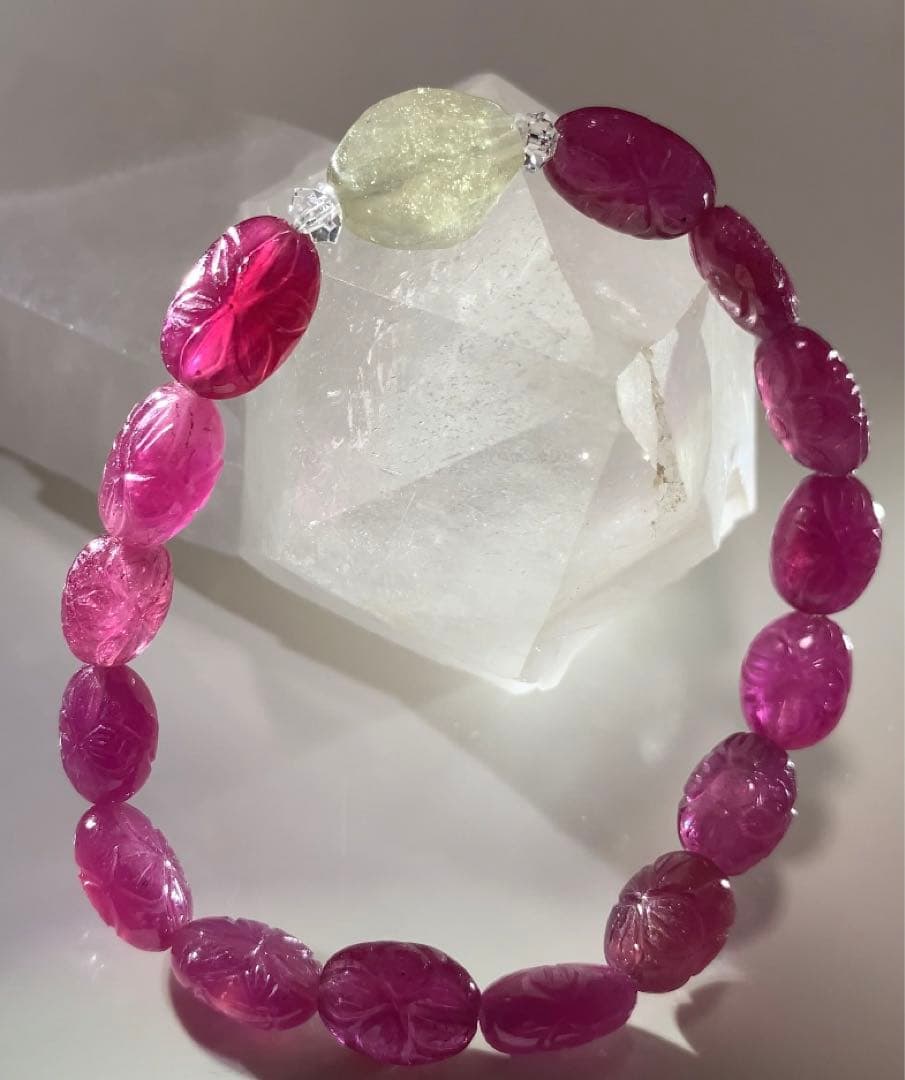 ⭐️宝石質⭐️ ルビー花彫物　リビアングラス　ブレスレット リビアングラス - ブレスレット7mm - 希少インパクトガラス