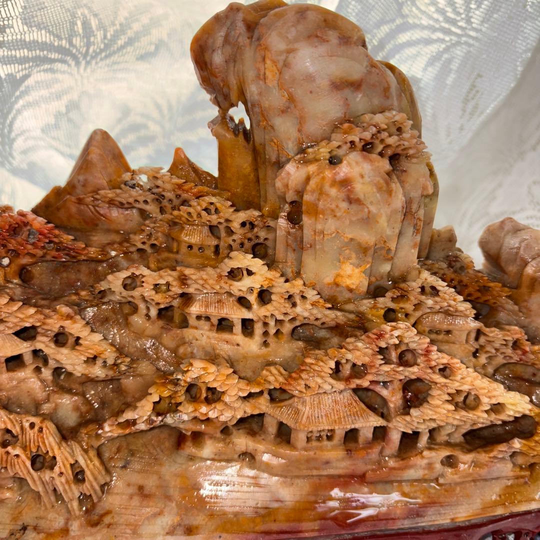 中国翡翠 彫刻 風景 船 山景色 置物 アート 40cm