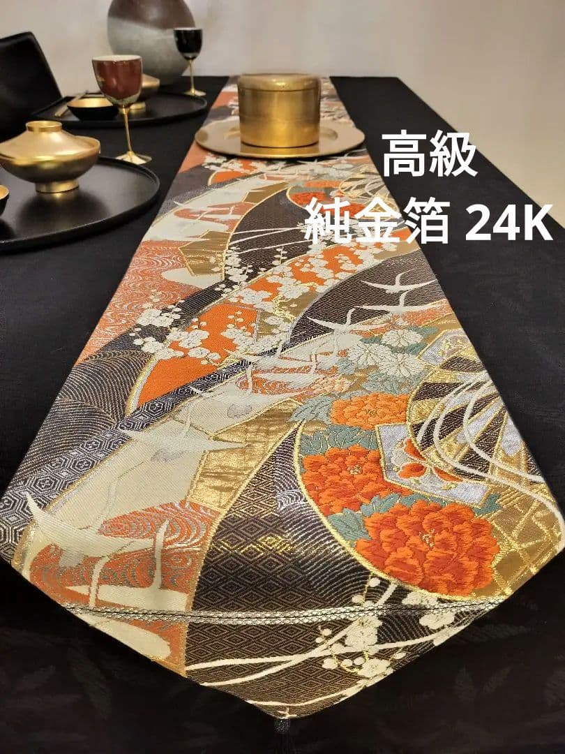 A683★逸品‼️純金箔 24K‼️ひな祭り‼️正絹テーブルランナー2m12cm 箔一 hakuichi 金箔 金沢箔 金沢 工芸品 飾り皿 立雛(皿立て付)