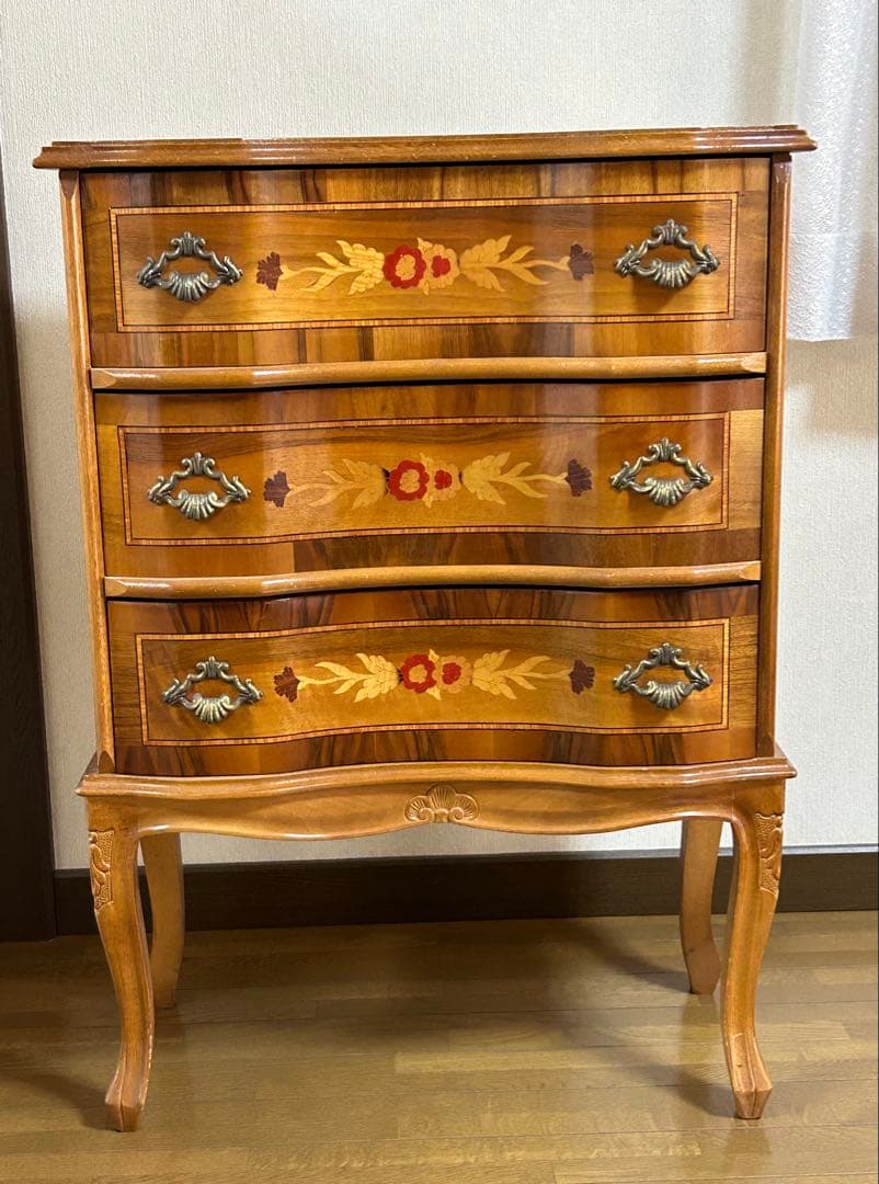 イタリア製3段チェスト 象嵌 猫脚 アンティーク イタリア 3段 チェスト 茶 87cm 象嵌 ロココ調 家具 猫脚 丸脚 完成品