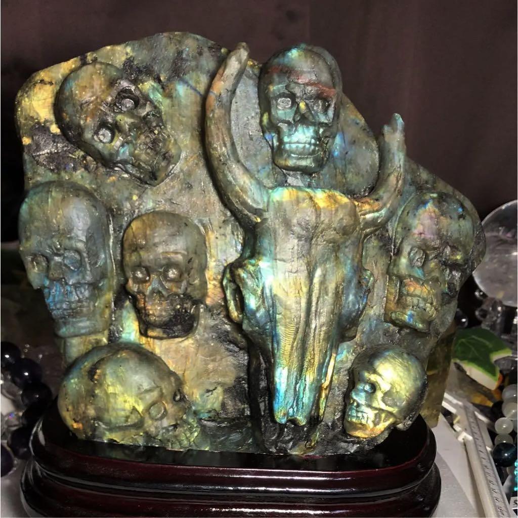 スーパーセール 大型ラブラドライト 彫刻 置物 ラブラドライト 龍彫刻 (木製台座付き)