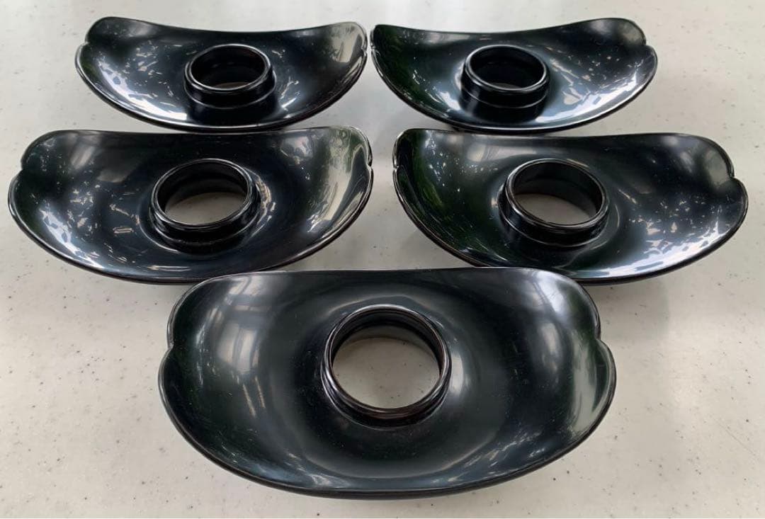 希少　伝統工芸品　輪島塗　高級　高台茶托 5客　黒　無地　珍品 Antique Sam's Collection 輪島塗 茶托 黒漆