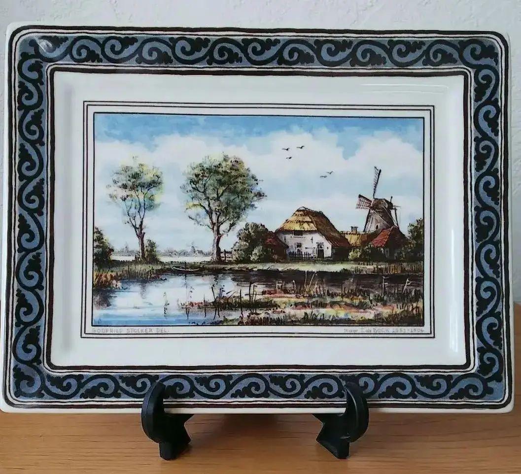 オランダ製デルフト焼き風景絵皿 水辺と風車小屋の飾り皿｜デルフト焼（Delft） | 土井見世 古道具店